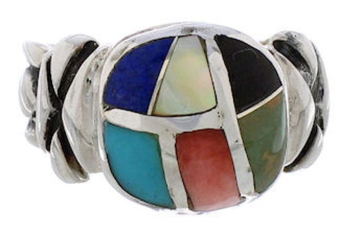 Multicolor Inlay Southwest Sterling Silver Ring Size 8-3/4 TX40050